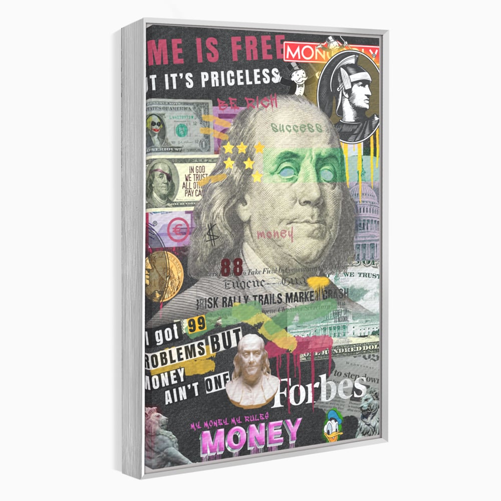 Tablou canvas cu tablou canvas cu portretul lui benjamin franklin, in rama de aluminiu argintiu